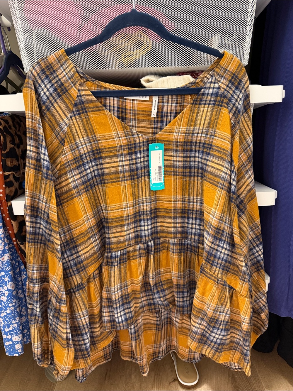 LUQ - NWT Plaid V-Neck Peplum Top in Mustard and Navy